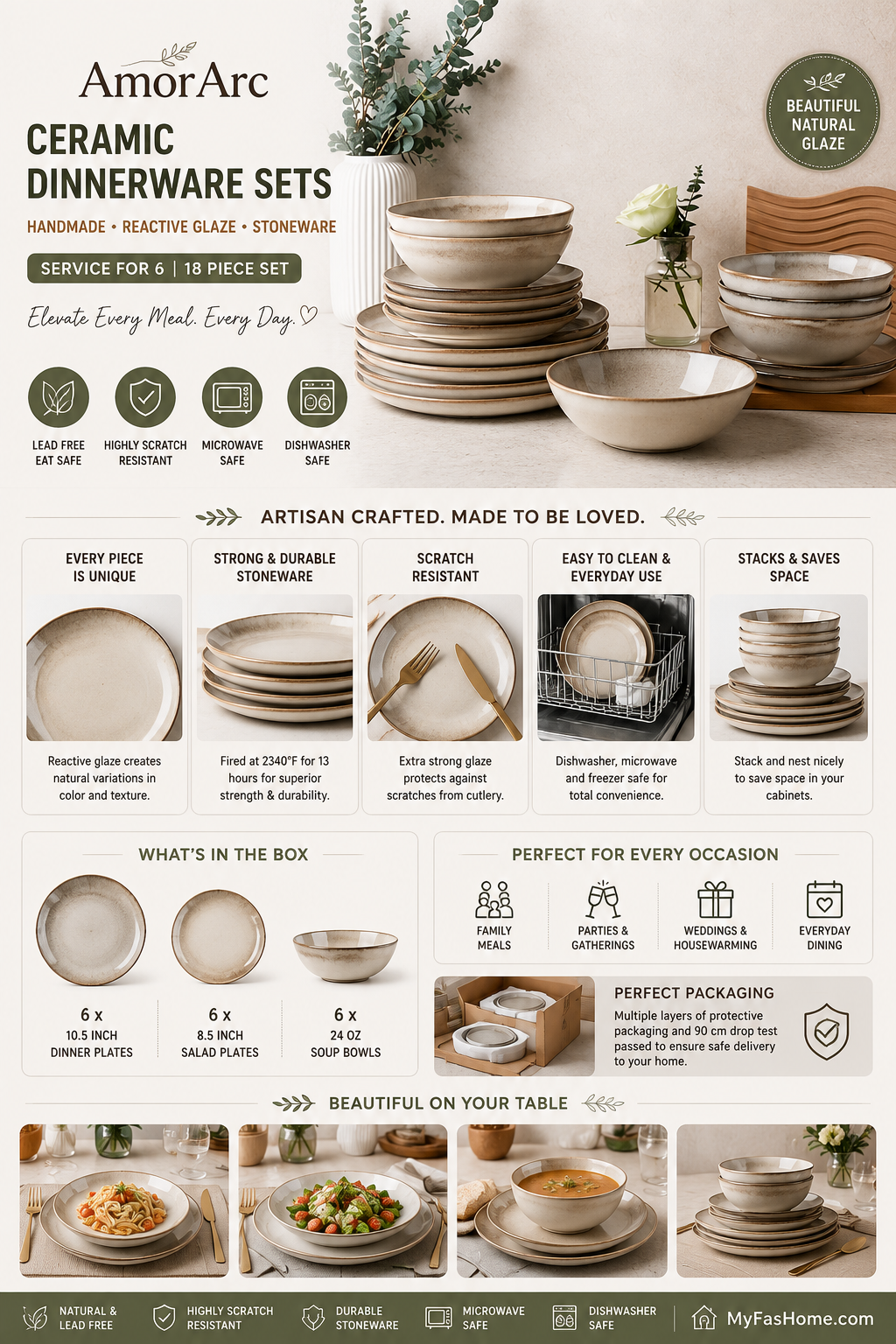AmorArc Ceramic Dinnerware Set AmorArc handmade ceramic dinnerware set featuring reactive glaze stoneware plates and bowls for six people.