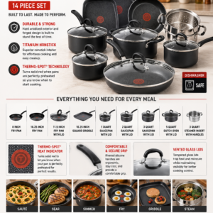 T-fal Ultimate Hard Anodized 14-piece nonstick cookware set featuring frying pans, saucepans, Dutch oven, griddle, and tempered glass lids.