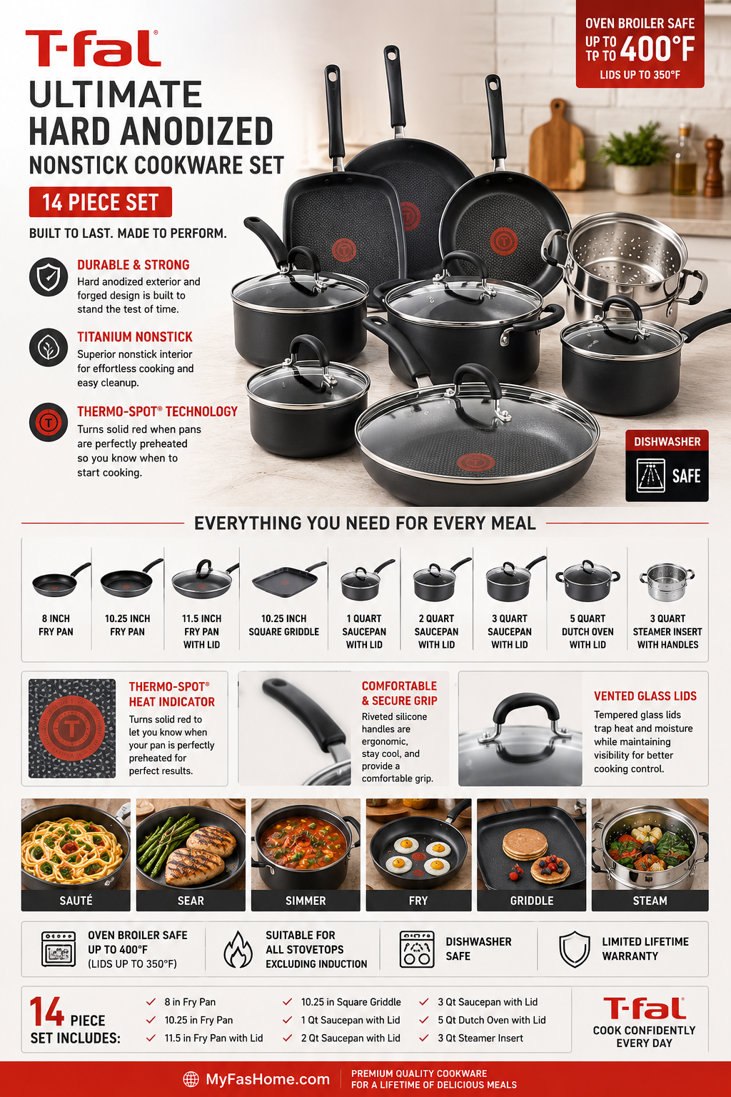 T-fal Ultimate Hard Anodized Cookware Set T-fal Ultimate Hard Anodized 14-piece nonstick cookware set featuring frying pans, saucepans, Dutch oven, griddle, and tempered glass lids.