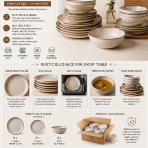 AmorArc 24-piece handmade ceramic dinnerware set with reactive glaze stoneware plates and bowls for eight people.