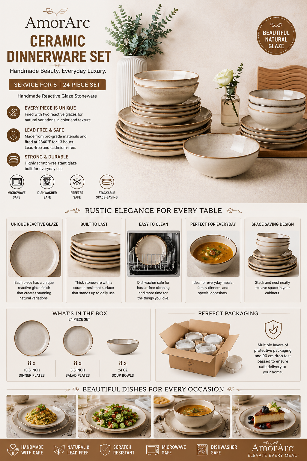 AmorArc 24 Piece Ceramic Dinnerware Set AmorArc 24-piece handmade ceramic dinnerware set with reactive glaze stoneware plates and bowls for eight people.