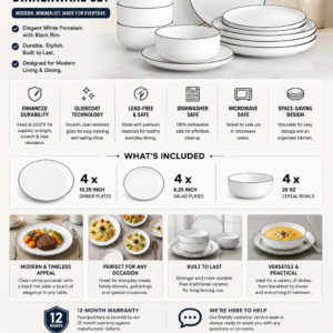 MALACASA LUNA 12-piece white porcelain dinnerware set with elegant black rim including dinner plates, salad plates, and cereal bowls.