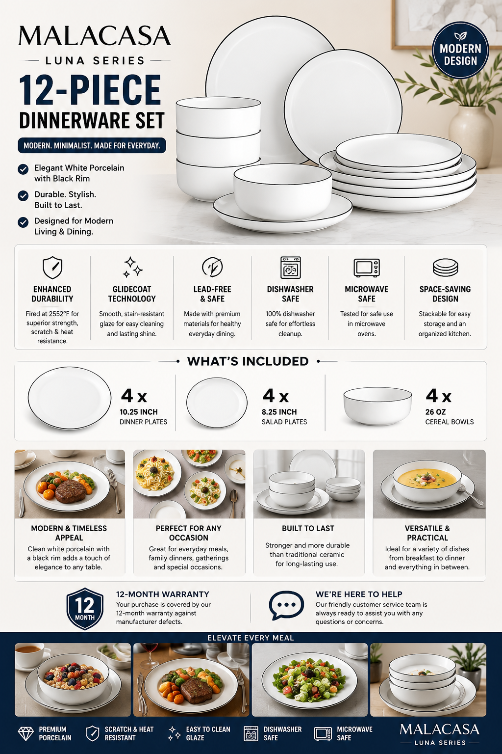 MALACASA LUNA 12-Piece Dinnerware Set MALACASA LUNA 12-piece white porcelain dinnerware set with elegant black rim including dinner plates, salad plates, and cereal bowls.