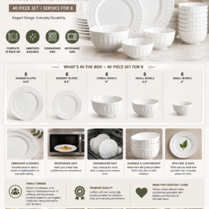 Gibson Home Zen Buffet 40-piece white embossed porcelain dinnerware set including dinner plates, dessert plates, cereal bowls, and serving bowls.