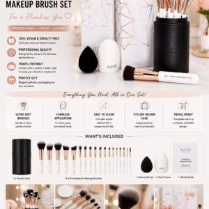 NIRÉ Beauty 15-piece vegan makeup brush set with luxury holder, beauty sponge, brush cleaner, and travel case.