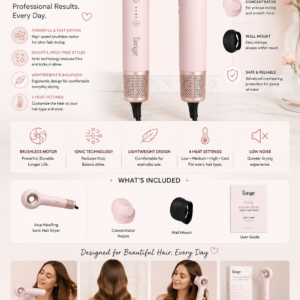 L'ANGE HAIR Axia HaloRing professional ionic hair dryer in blush pink with concentrator nozzle and wall mount.