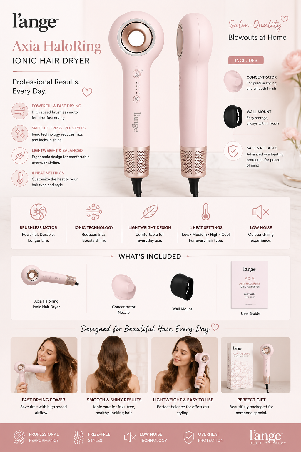 L'ANGE HAIR Axia HaloRing Ionic Hair Dryer L'ANGE HAIR Axia HaloRing professional ionic hair dryer in blush pink with concentrator nozzle and wall mount.