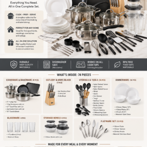 Complete Gibson Home 74-piece kitchen in a box set featuring cookware, dinnerware, bakeware, knife block, utensils, flatware, glasses, and storage bowls.