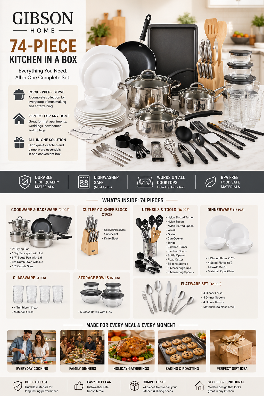 Gibson Home 74 Piece Kitchen in a Box Set Complete Gibson Home 74-piece kitchen in a box set featuring cookware, dinnerware, bakeware, knife block, utensils, flatware, glasses, and storage bowls.