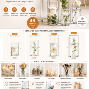 Set of 48 clear glass cylinder vases in 4, 6, 9, and 12-inch sizes styled with flowers, floating candles, and decorative centerpieces.