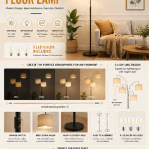 Modern black 3-light dimmable arc floor lamp with beige linen shades placed beside a sofa in a contemporary living room.
