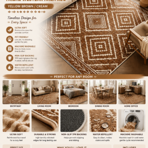 Machine washable 8x10 tribal faux wool area rug in yellow brown and cream with non-slip backing for living room and bedroom.