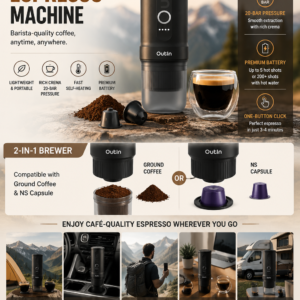 OutIn Nano portable electric espresso machine with coffee capsule and fresh espresso for travel, camping, office, and outdoor use.