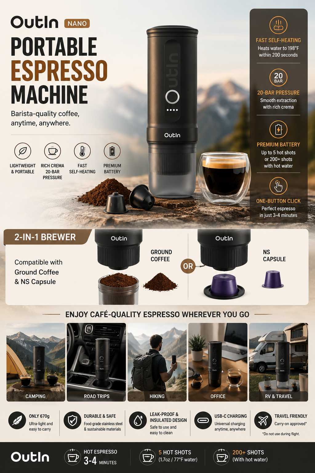OutIn Nano Portable Electric Espresso Machine OutIn Nano portable electric espresso machine with coffee capsule and fresh espresso for travel, camping, office, and outdoor use.