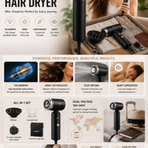 SUPGALIY dual voltage travel hair dryer with diffuser, concentrator nozzle, travel pouch, and universal adapter.