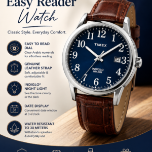 Timex Men's Easy Reader Watch with genuine leather strap, blue easy-to-read dial, INDIGLO night light, and 30-meter water resistance.