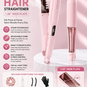 Wavytalk Steam Hair Straightener with nano titanium plates, detachable comb, steam technology and anti-frizz design in pink.