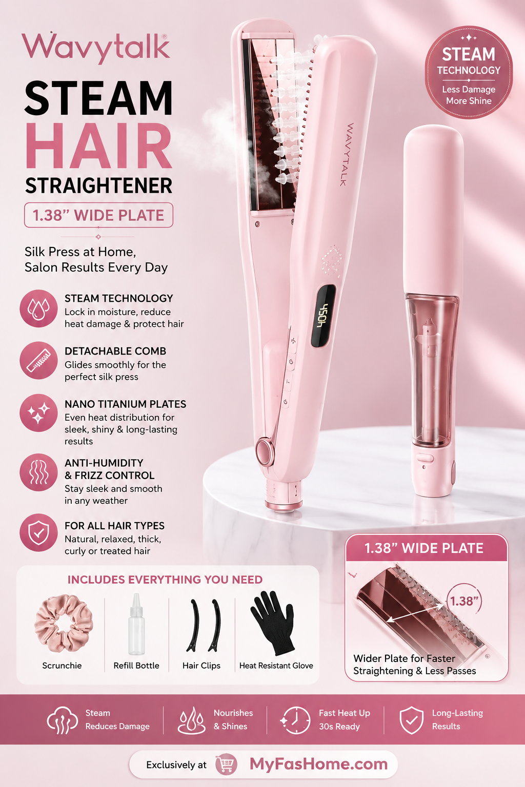 Wavytalk Steam Hair Straightener Pink Wavytalk Steam Hair Straightener with nano titanium plates, detachable comb, steam technology and anti-frizz design in pink.