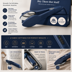 Nori Press Travel Steam Iron in navy with six fabric settings, optional steam, dual voltage and compact handheld design.