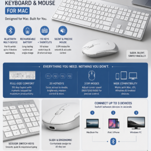 Macally Premium Bluetooth keyboard and wireless mouse combo for Mac with rechargeable batteries and multi-device Bluetooth connectivity.