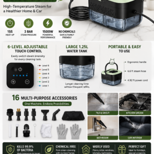 Portable steam cleaner with 16 accessories, six adjustable steam levels, 15-second heat-up and large water tank for home and car cleaning.