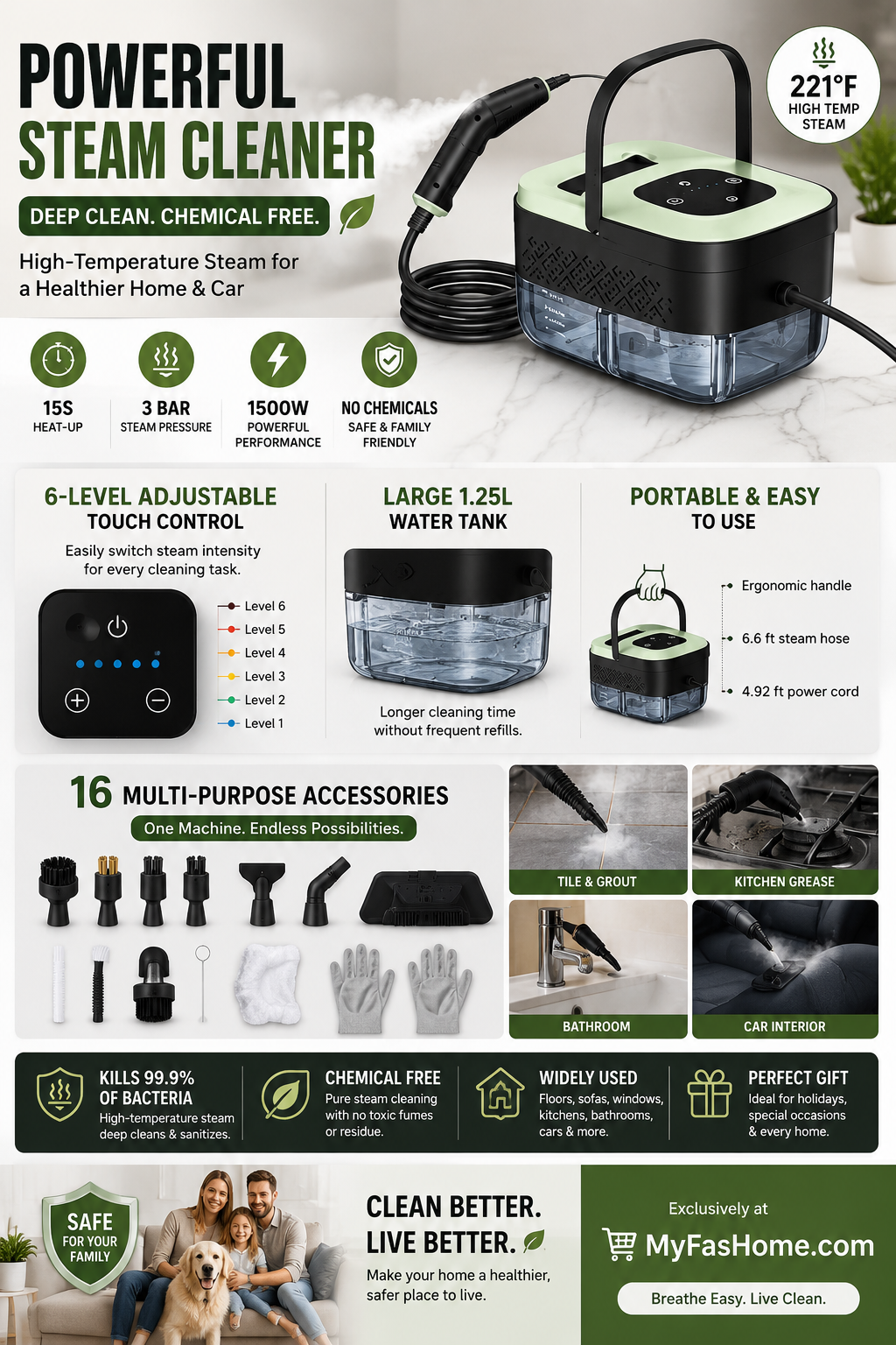 Portable Steam Cleaner with 16 Accessories Portable steam cleaner with 16 accessories, six adjustable steam levels, 15-second heat-up and large water tank for home and car cleaning.