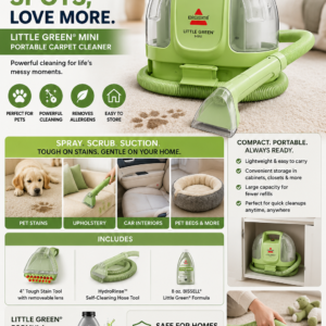BISSELL Little Green Mini Portable Carpet Cleaner with stain removal tool for carpets, upholstery, pet messes and car interiors.