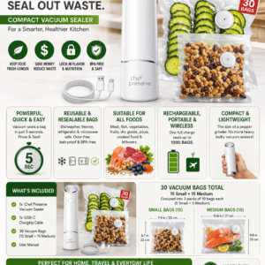 Chef Preserve compact handheld vacuum sealer with USB charging cable and 30 reusable food storage bags.