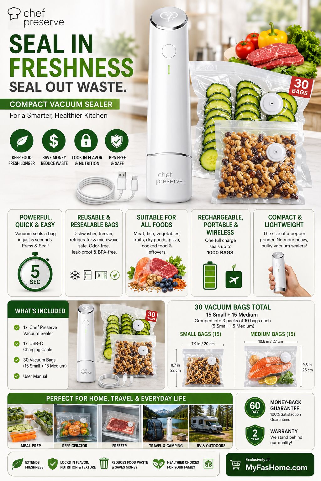 Chef Preserve Compact Food Vacuum Sealer Chef Preserve compact handheld vacuum sealer with USB charging cable and 30 reusable food storage bags.