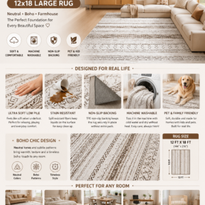 12x18 washable Boho Moroccan area rug in cream and brown featuring a soft low-pile surface and non-slip backing for living rooms and bedrooms.