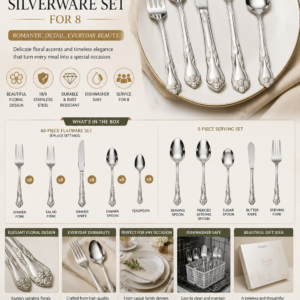 auto Oneida Azalea 45-piece stainless steel silverware set with elegant floral handles and serving utensils for eight people.