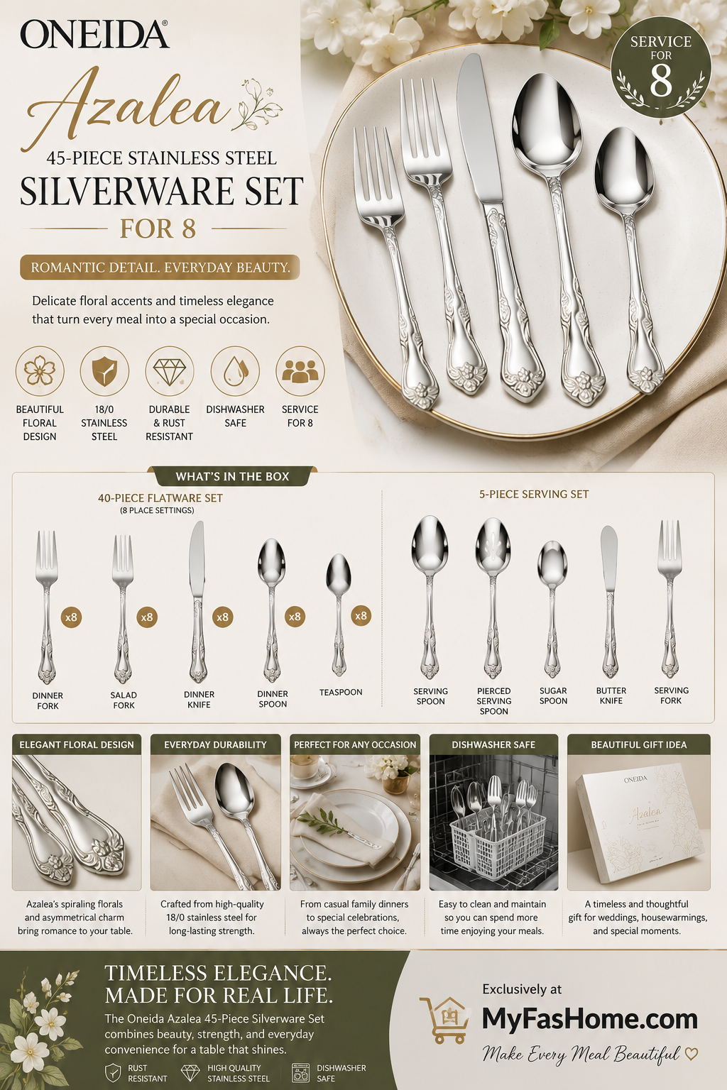 Oneida Azalea 45-Piece Stainless Steel Silverware Set auto Oneida Azalea 45-piece stainless steel silverware set with elegant floral handles and serving utensils for eight people.