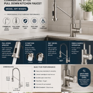 KRAUS Bolden commercial-style pull-down kitchen faucet in spot-free stainless steel with high-arc spring spout and dual-function sprayer.