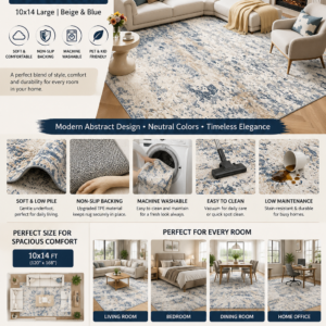 Large 10x14 washable abstract beige and blue area rug with soft low-pile surface and non-slip backing for living rooms and bedrooms.
