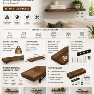 BAYKA floating shelves set of two in rustic brown with wall-mounted farmhouse design for living rooms, bathrooms, kitchens and bedrooms.