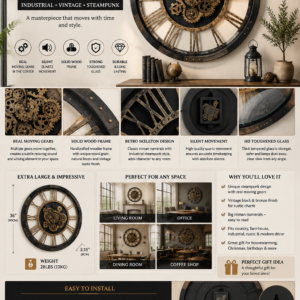 36-inch oversized industrial wall clock with real moving gears, Roman numerals, solid wood frame and vintage steampunk design.