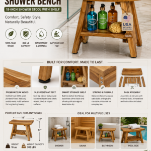 EcoDecors 18-inch teak shower bench with waterproof solid wood construction, storage shelf, and slip-resistant feet for bathrooms and walk-in showers.