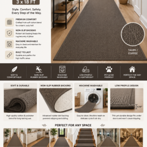 EARTHALL washable 3x18 ft hallway runner rug with non-slip backing in taupe and coffee for kitchen, hallway, office, and entryway.