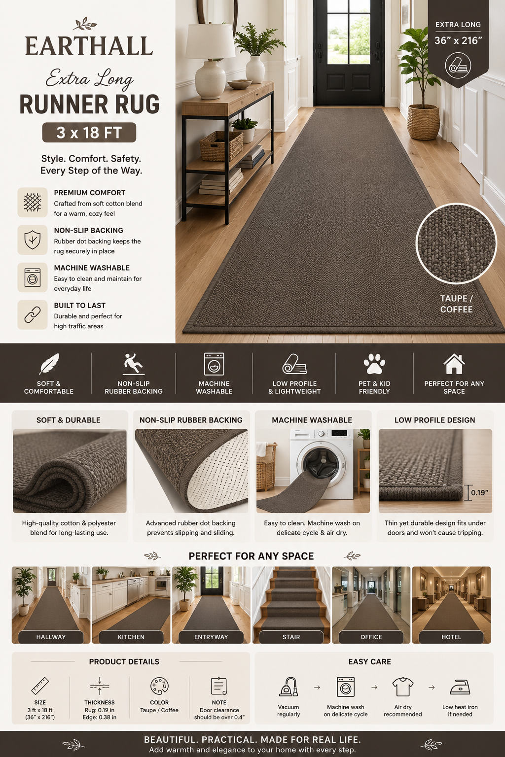 EARTHALL Extra Long Runner Rug 3x18 Ft EARTHALL washable 3x18 ft hallway runner rug with non-slip backing in taupe and coffee for kitchen, hallway, office, and entryway.