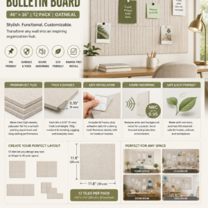 Fluxynara oatmeal felt bulletin board tiles arranged as a large wall organizer with notes and photos for home offices, classrooms, and study spaces.