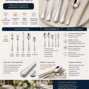 Lenox Portola 65-piece 18/10 stainless steel silverware set with mirror finish and serving utensils for twelve people.