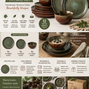 POKINI 12-piece reactive glaze stoneware dinnerware set featuring brown and sage green ceramic dinner plates, dessert plates, and cereal bowls.