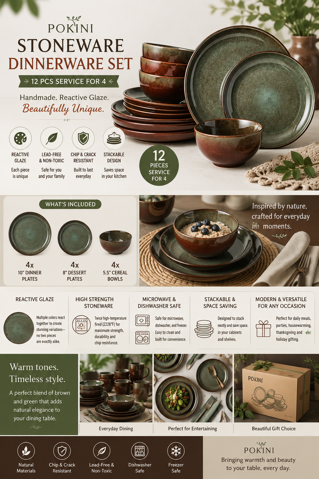 stonPOKINI Stoneware Dinnerware Set for 4eware dinnerware sets service for 4, 12 pcs reactive glaze plates and bowls sets, handmade ceramic dish set, highly chip and crack resistant modern plate set, brown green POKINI 12-piece reactive glaze stoneware dinnerware set featuring brown and sage green ceramic dinner plates, dessert plates, and cereal bowls.