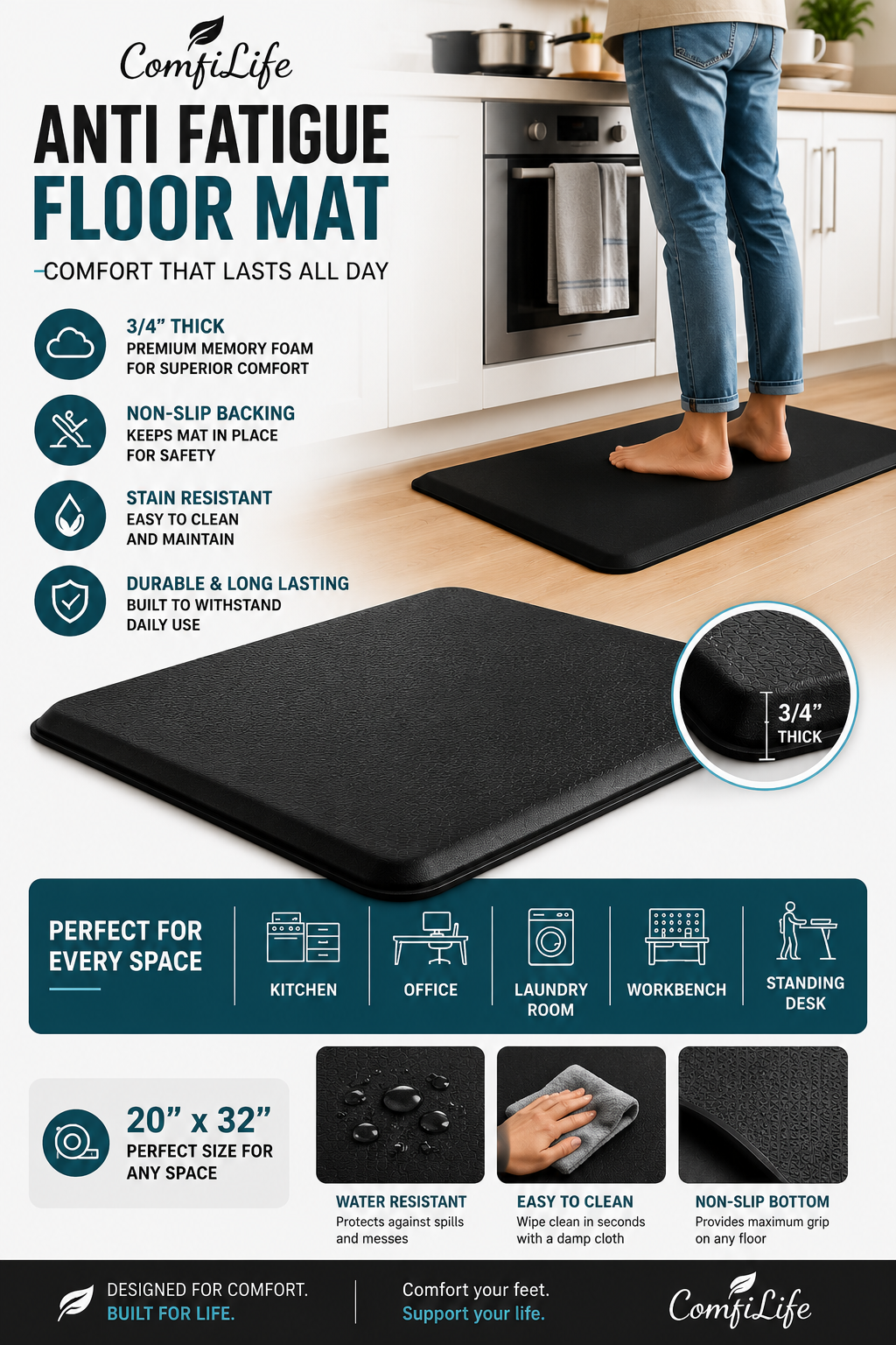 ComfiLife Anti Fatigue Floor Mat for Kitchen & Standing Desk ComfiLife Anti Fatigue Floor Mat with thick memory foam and non-slip backing for kitchen and standing desk use