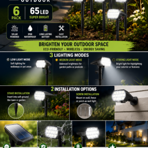 65 LED solar spot lights for outdoor gardens with waterproof design and adjustable lighting modes for pathways, driveways, and landscape lighting.
