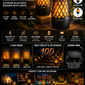 Outdoor Bluetooth speaker with LED lantern lights, waterproof design, HD stereo sound, and portable wireless connectivity for camping, patios, gardens, and pool parties.