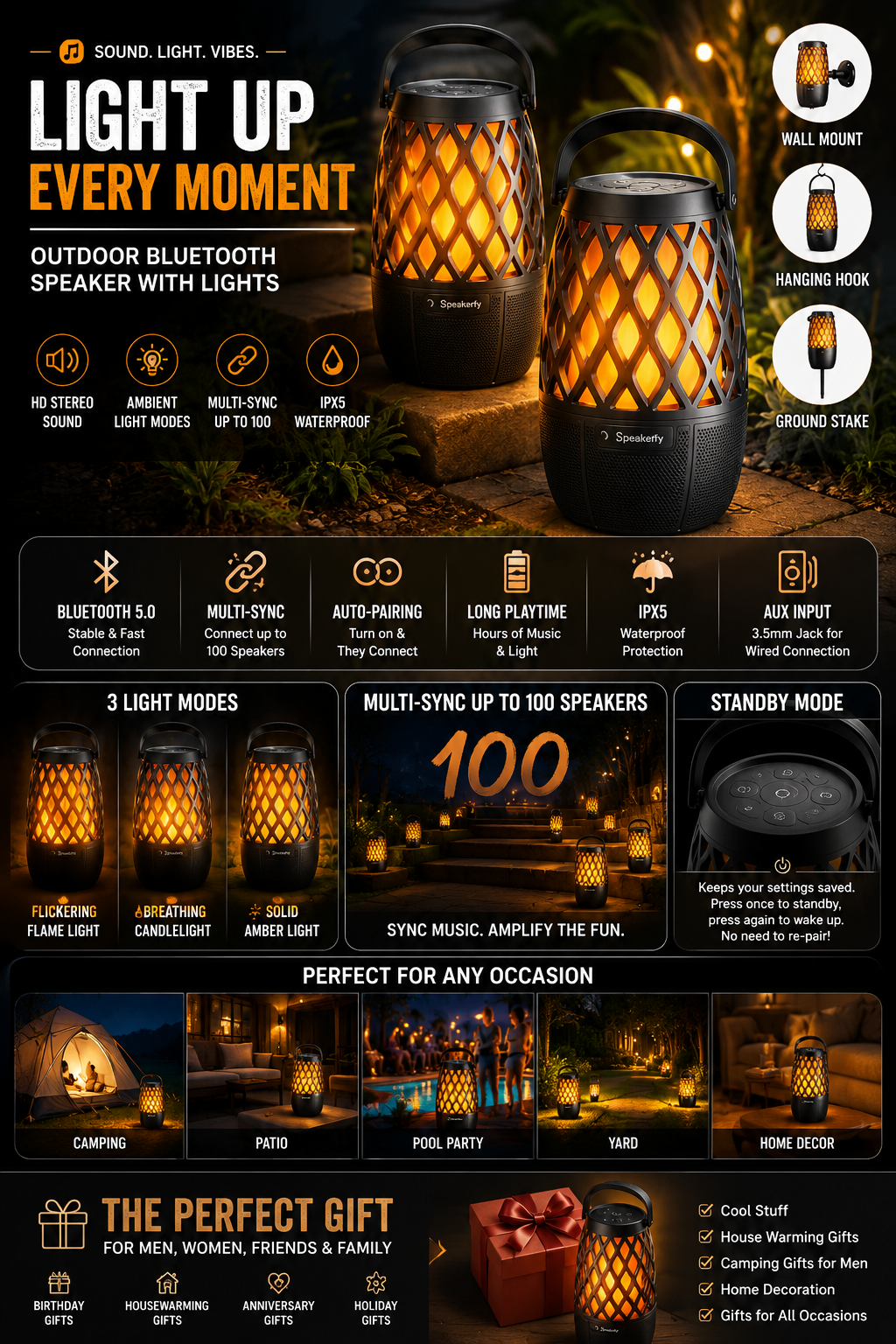 Outdoor Bluetooth Speaker with LED Lantern Lights Outdoor Bluetooth speaker with LED lantern lights, waterproof design, HD stereo sound, and portable wireless connectivity for camping, patios, gardens, and pool parties.