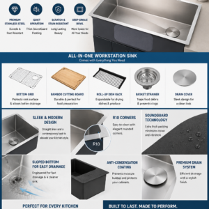 Premium stainless steel workstation kitchen sink with deep single bowl, cutting board, drying rack, bottom grid, and drain accessories.