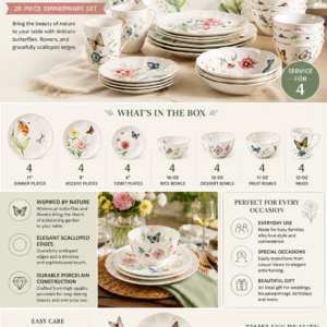 Lenox Butterfly Meadow 28-piece porcelain dinnerware set with floral plates, bowls, mugs, and butterfly designs for elegant everyday dining.