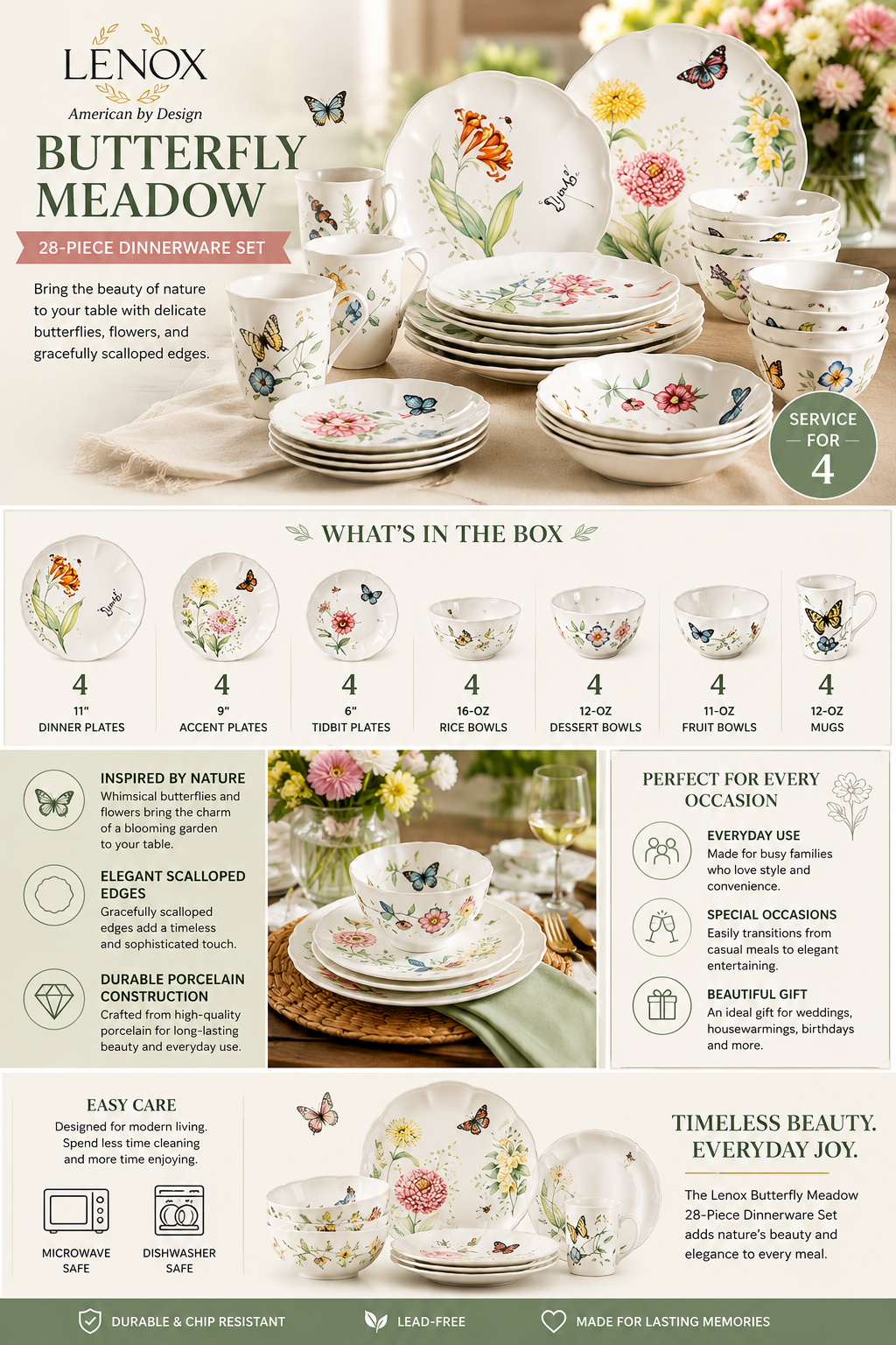 Lenox Butterfly Meadow 28-Piece Dinnerware Set Lenox Butterfly Meadow 28-piece porcelain dinnerware set with floral plates, bowls, mugs, and butterfly designs for elegant everyday dining.